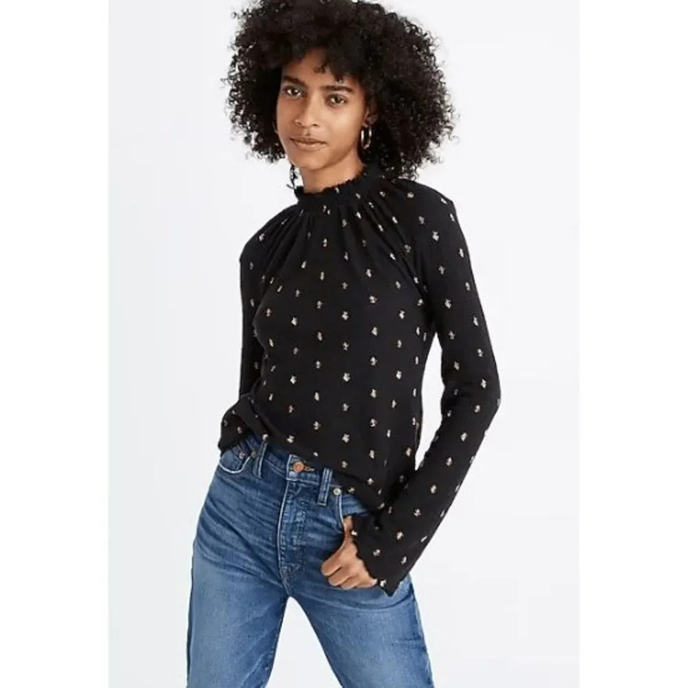 Madewell Women's Black Floral Ruffled Mock Neck Long Sleeve Blouse Size XS